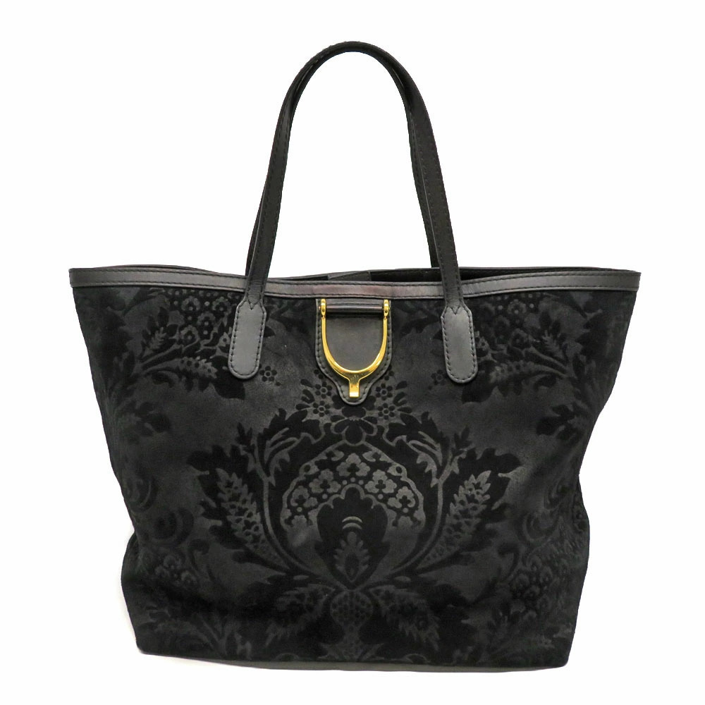 GUCCI Tote Bag Leather Suede Black Flower Motif